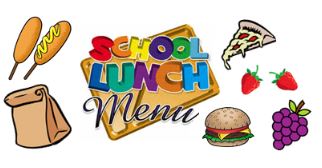School Lunch Menu with lunch bag, pizza, fruit, burger, corn dogs
